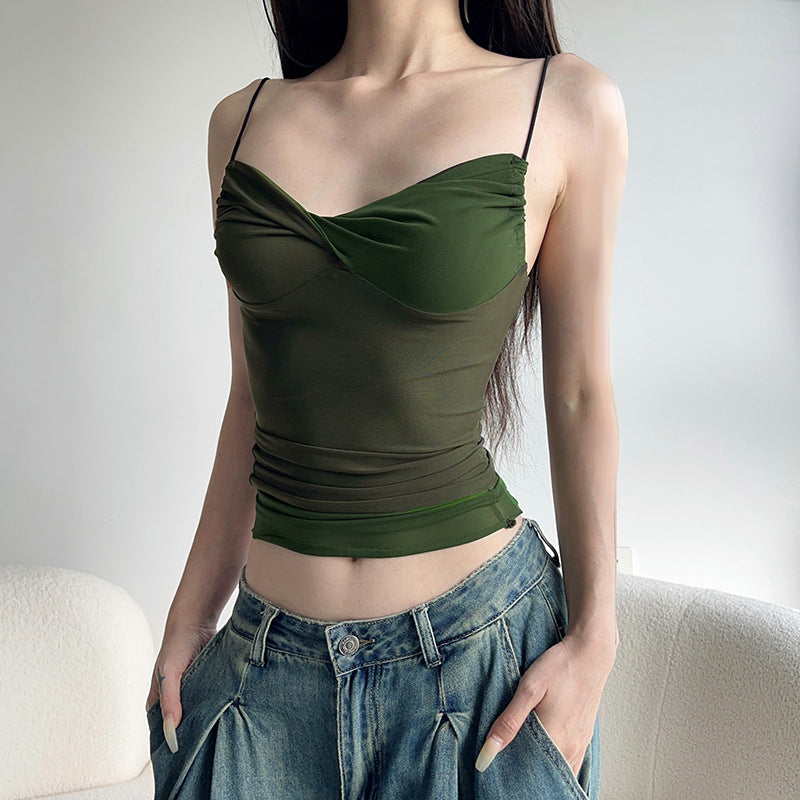 Hot Girl Style Mesh Stitching Green Small Sling