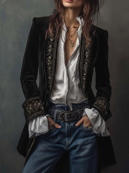 Long Sleeve Solid Color Stitching Lace Pleuche Coat