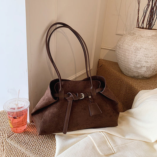 Retro High-grade Matte Large Capacity Tote Bag Suede Shoulder Commuter Bag