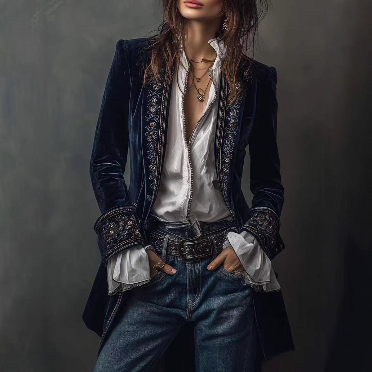 Long Sleeve Solid Color Stitching Lace Pleuche Coat