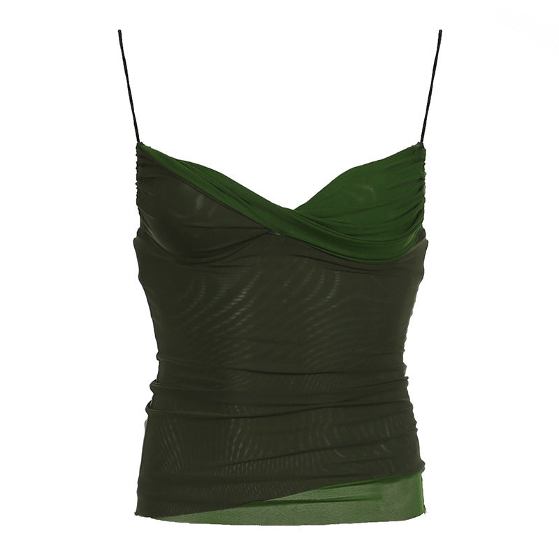 Hot Girl Style Mesh Stitching Green Small Sling