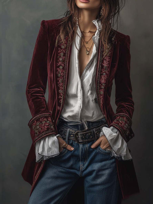 Long Sleeve Solid Color Stitching Lace Pleuche Coat