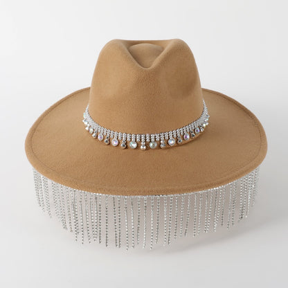 Pendant Wide Brim Top Hat Casual Fedora Hat Women Fur Felt Hat