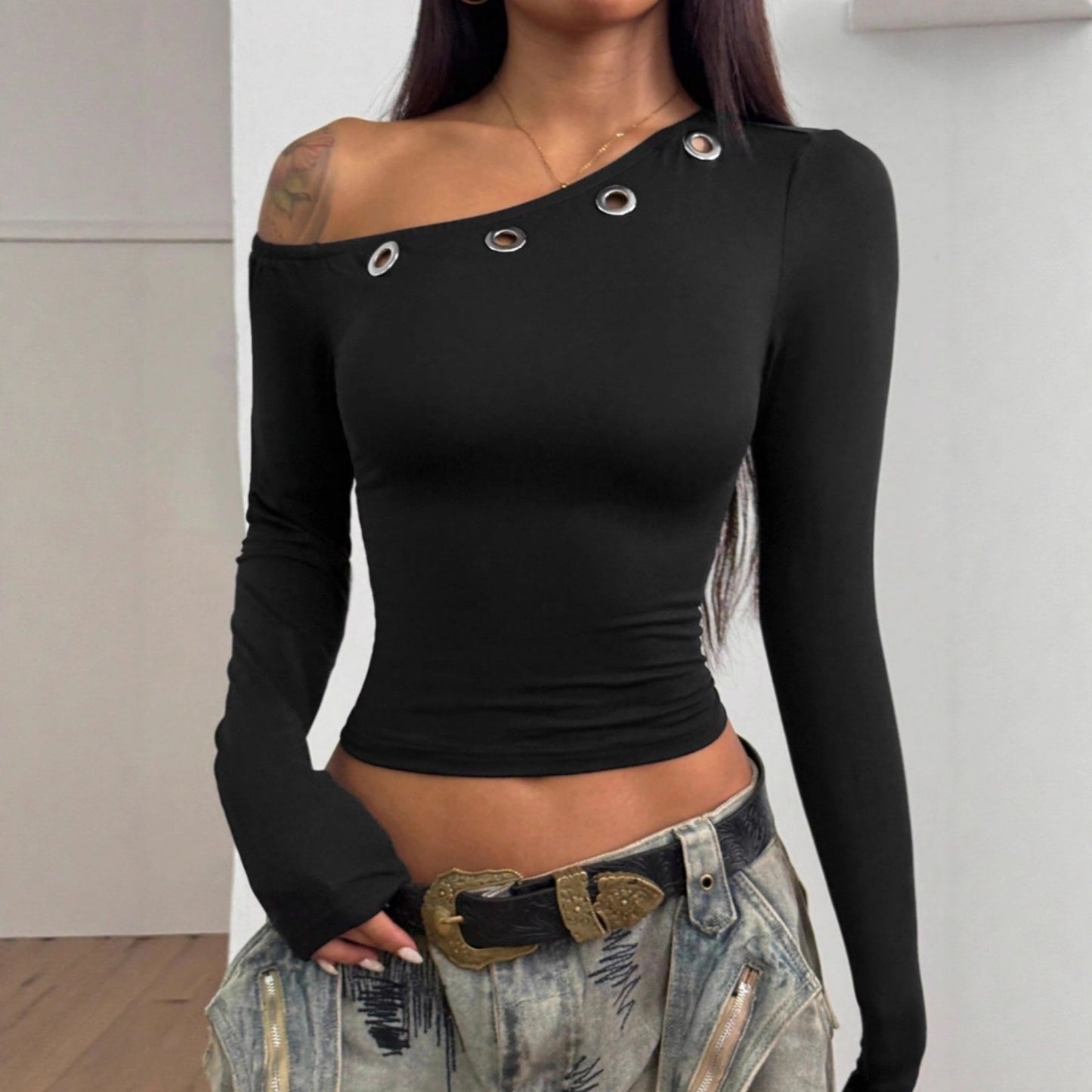 Asymmetrical hollow off-shoulder long sleeves for women