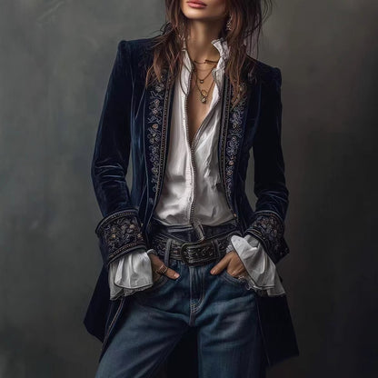 Long Sleeve Solid Color Stitching Lace Pleuche Coat