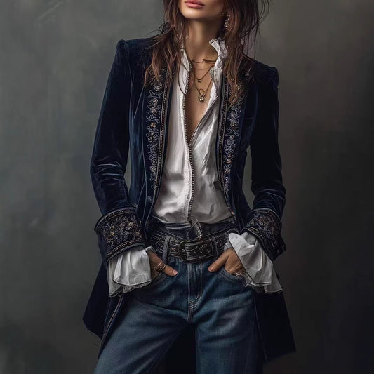 Long Sleeve Solid Color Stitching Lace Pleuche Coat