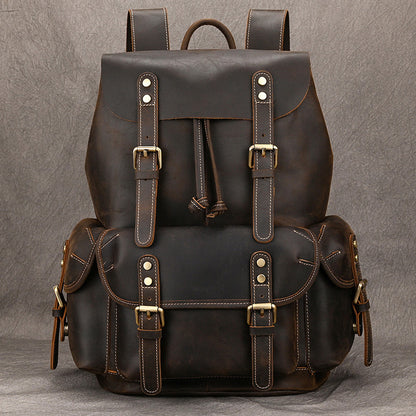 Large Capacity Crazy Horse Leather Backpack Travel Outdoor Flip
