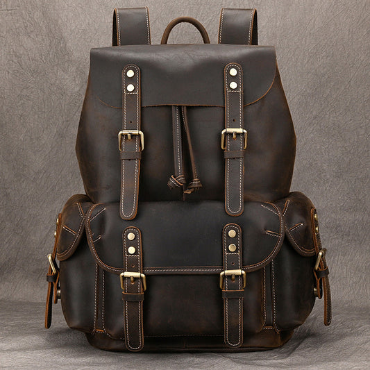Large Capacity Crazy Horse Leather Backpack Travel Outdoor Flip